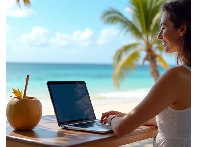Espacio de trabajo para nómadas digitales en la playa